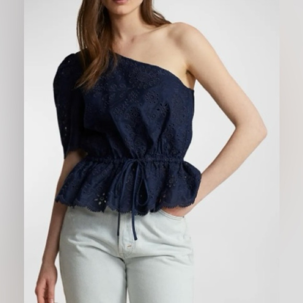 Polo Ralph Lauren Navy One-Shoulder Eyelet Linen Top NWOT